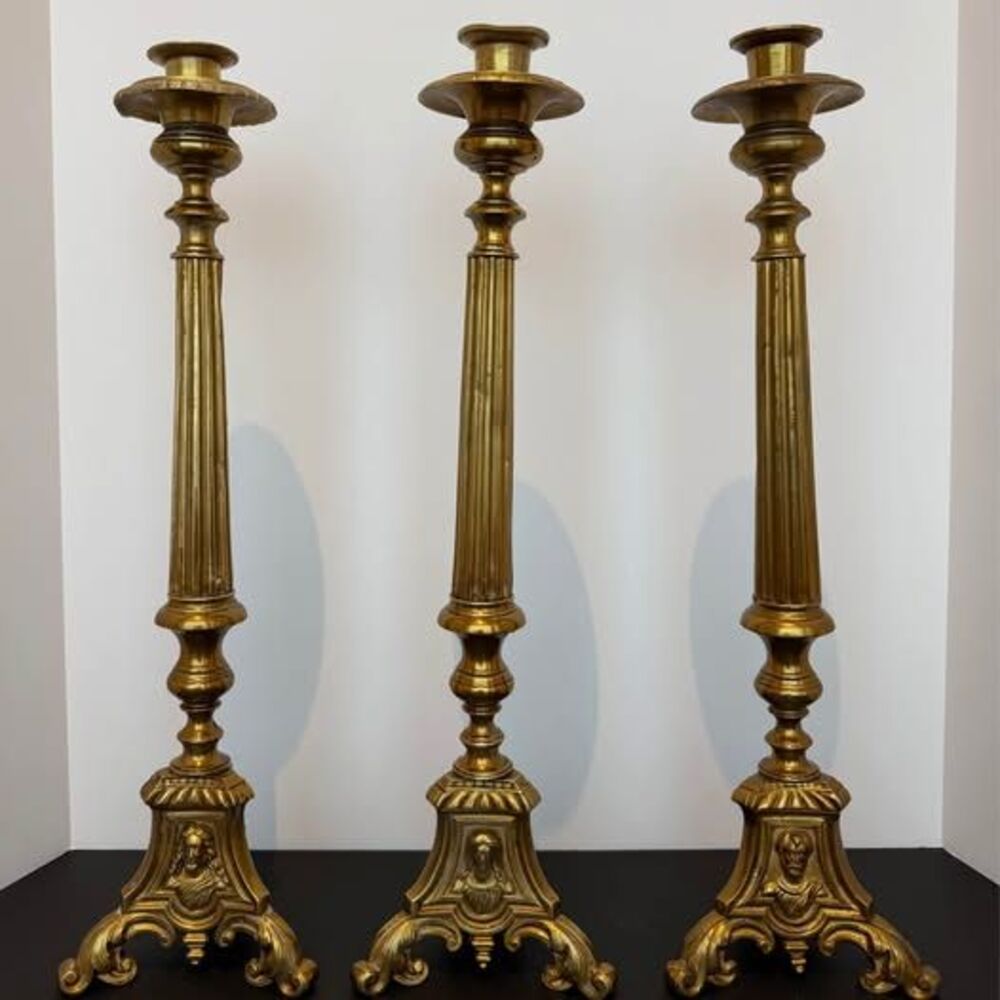 Antique 19th Century French Brass Altar Candlesticks Lot of 3 Joseph Mary Jesus